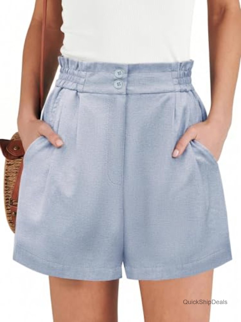 High Waisted Paper Bag Shorts With Pockets Elastic Waist Wide Leg Lounge Shorts
